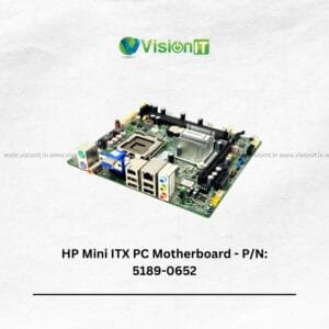 Top view of HP Mini ITX motherboard (P/N: 5189-0652) showcasing DDR2 RAM slots and connectivity ports.