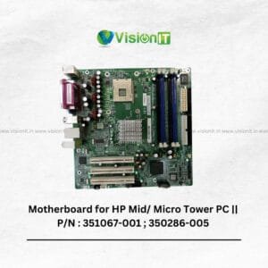 Top view of HP Mid/Micro Tower motherboard (P/N: 351067-001; 350286-005) showcasing DDR RAM slots and connectivity ports.