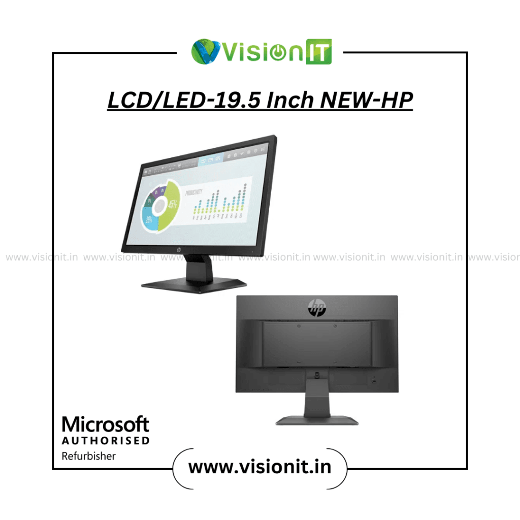HP 19.5-inch LCD/LED monitor with crisp display showing mountain landscape, energy efficient design, ideal for office work and multimedia use