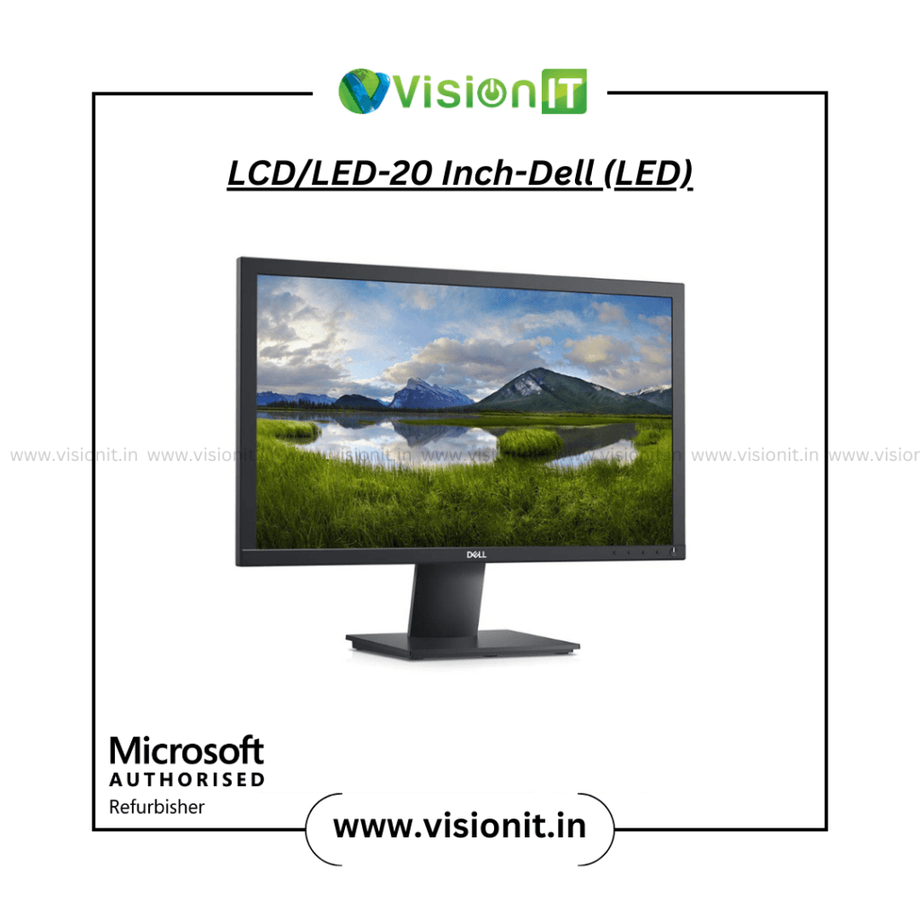 Dell 20-inch LED monitor with energy-efficient LED technology, showing low power consumption indicator and eco-friendly design