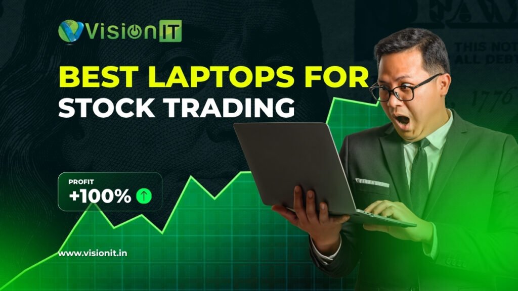 Trader using high-performance laptop for stock market trading