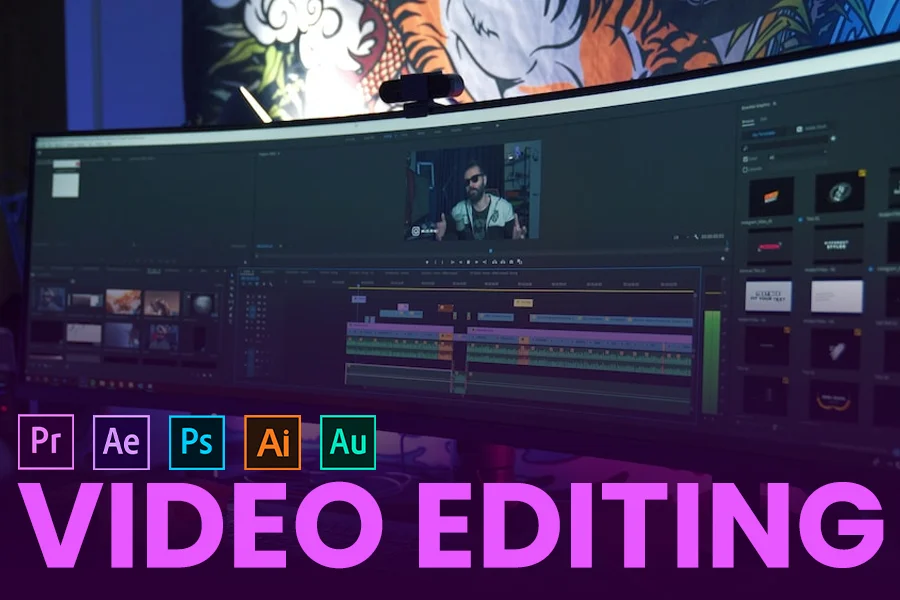 Video editing workspace with MacBook Pro timeline software and external monitor setup