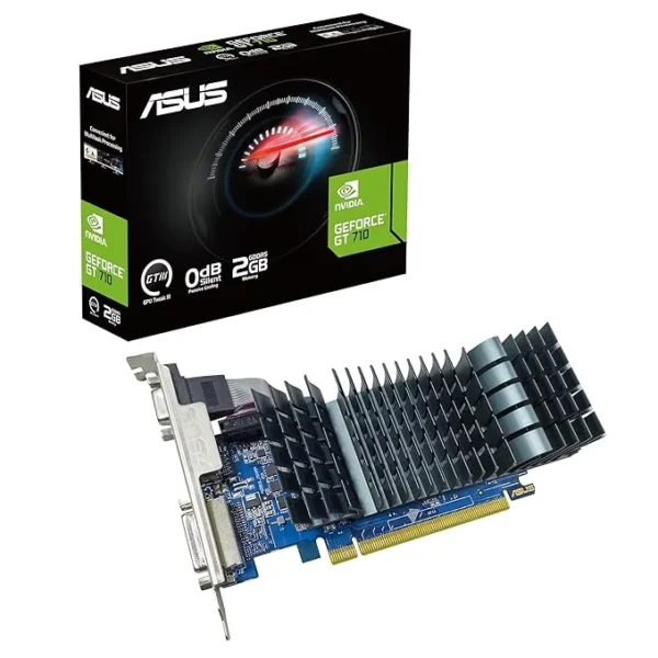 ASUS GT 710 2GB DDR5 Silent Graphics Card with dual display support for office desktops, HTPCs, and home multimedia systems